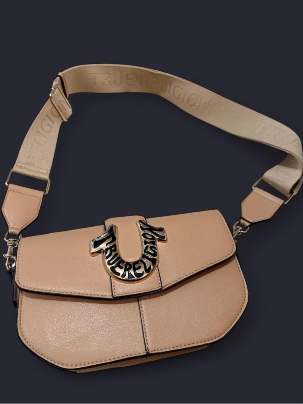 True Religion Nude Beige Leather Crossbody with Signature Metal Logo